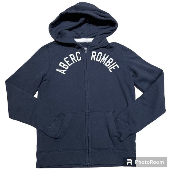 Abercrombie Kids Full Zip Hoodie Sweatshirt Size 13/14 Navy Blue Spellout - Picture 1 of 7